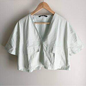zara green striped cropped button up